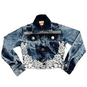 Kids Denim Jacket with Lace and Pearl Accents - Girls 4
